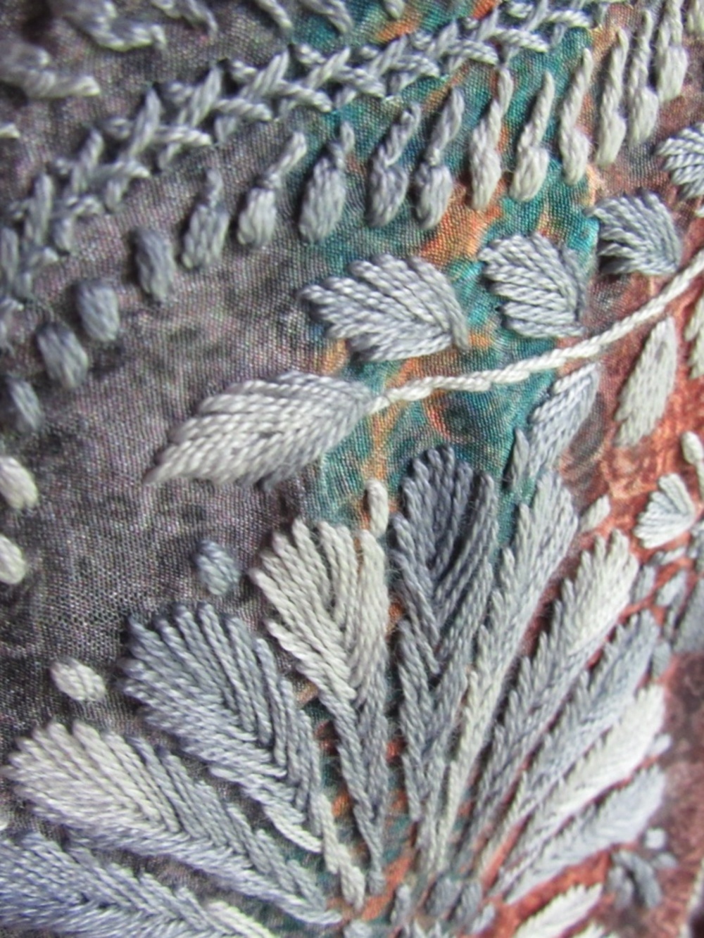 Hand Embroidered Silky Tunic Top XL Gray Teal White Rust 3/4 Shirt India Graphi